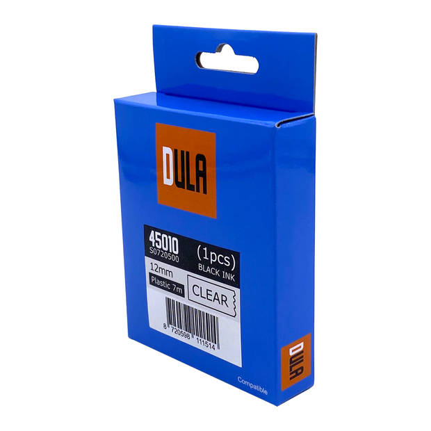 DULA Dymo D1 45010 - S0720500 - Compatible label tape - 1 lettertape - Zwart op transparant - 12mm x 7m