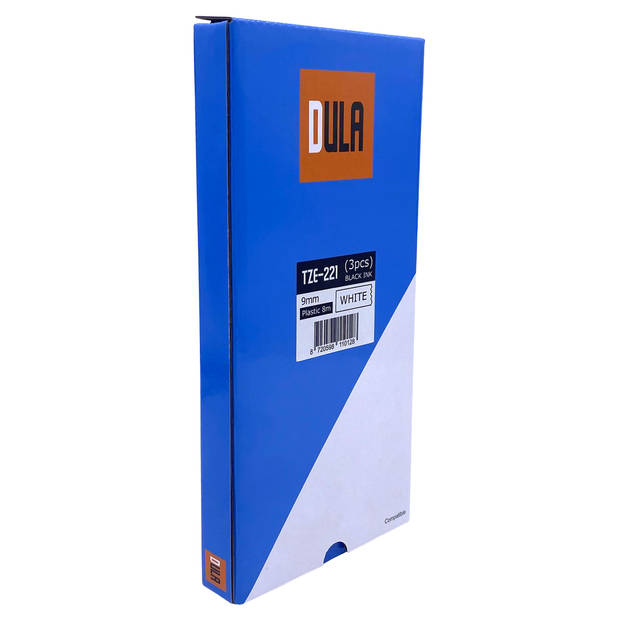 DULA label tape - Compatible met Brother P-Touch Tze-221 - 3 stuks - Zwart op wit - 9mm x 8m