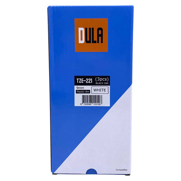 DULA label tape - Compatible met Brother P-Touch Tze-221 - 3 stuks - Zwart op wit - 9mm x 8m