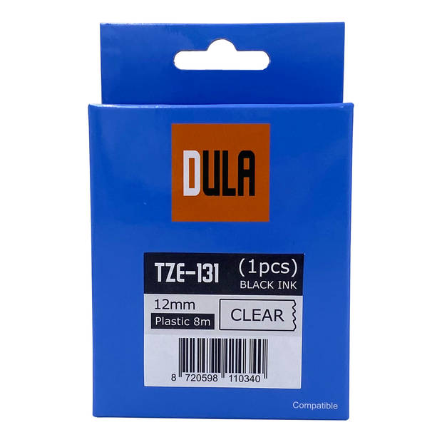 DULA Brother Compatible label tape- Tze-131 - 1 cassette - Brother P-Touch - Zwart op transparant - 12mm x 8m