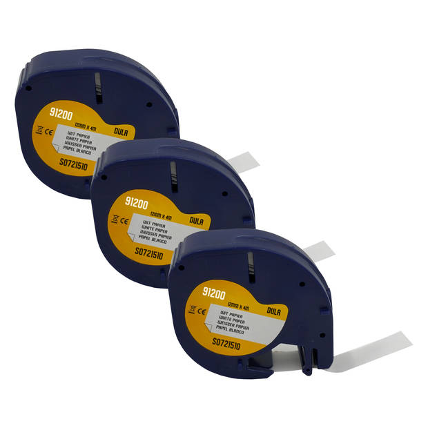 DULA label tape - Compatible met Dymo LetraTag 91200 / S0721510 - 3 stuks - Zwart op Wit papier - 12mm x 4m