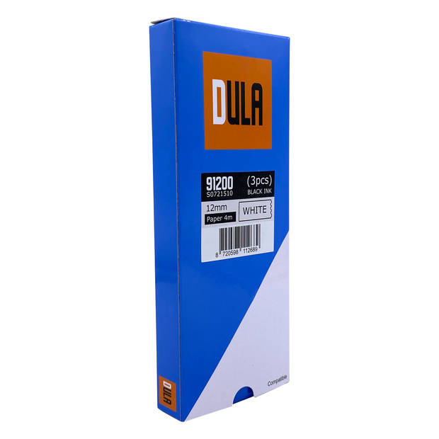 DULA label tape - Compatible met Dymo LetraTag 91200 / S0721510 - 3 stuks - Zwart op Wit papier - 12mm x 4m