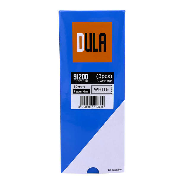 DULA label tape - Compatible met Dymo LetraTag 91200 / S0721510 - 3 stuks - Zwart op Wit papier - 12mm x 4m