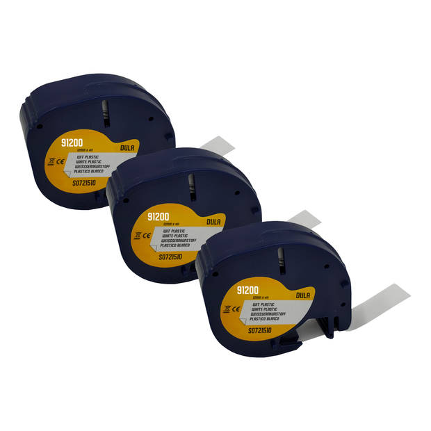 DULA label tape - Compatible met Dymo LetraTag 91200 / S0721510 - 3 stuks - Zwart op Wit papier - 12mm x 4m