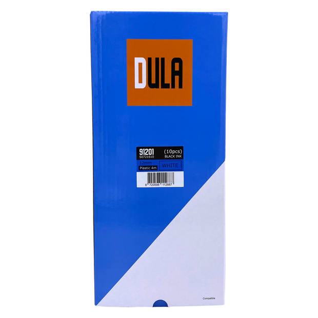 DULA label tape - Compatible met Dymo LetraTag 91201 / S0721610 - 10 stuks - Zwart op Wit plastic - 12mm x 4m