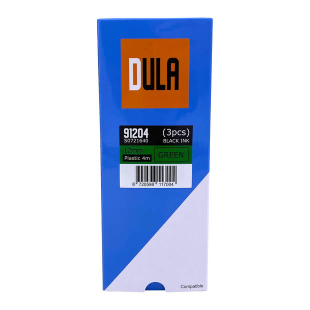 DULA label tape - Compatible met Dymo LetraTag 91204 / S0721640 - 3 stuks - Zwart op Groen plastic - 12mm x 4m