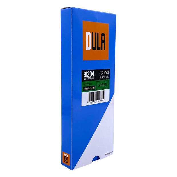 DULA label tape - Compatible met Dymo LetraTag 91204 / S0721640 - 3 stuks - Zwart op Groen plastic - 12mm x 4m