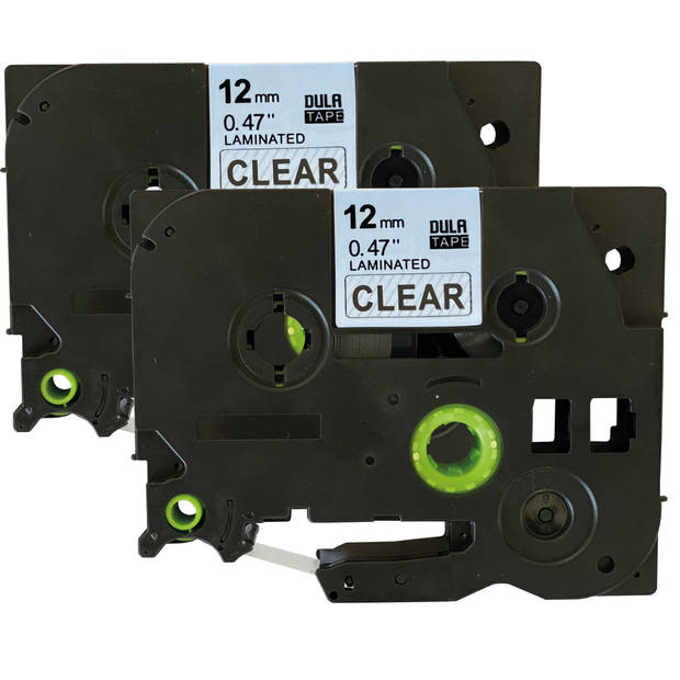 DULA - Brother Compatible Label Tape TZe-131 - 12 mm x 8 m - Zwart op Transparant - TZe131 - 2 stuks