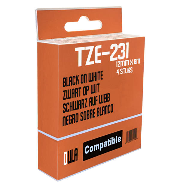 DULA - Brother Compatible Label Tape TZe-231 - 12 mm x 8 m - Zwart op Wit - voor Brother P-Touch - TZe231 - 4 Stuks