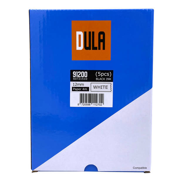 DULA label tape - Compatible met Dymo LetraTag 91200 / S0721510 - 5 stuks - Zwart op Wit papier - 12mm x 4m