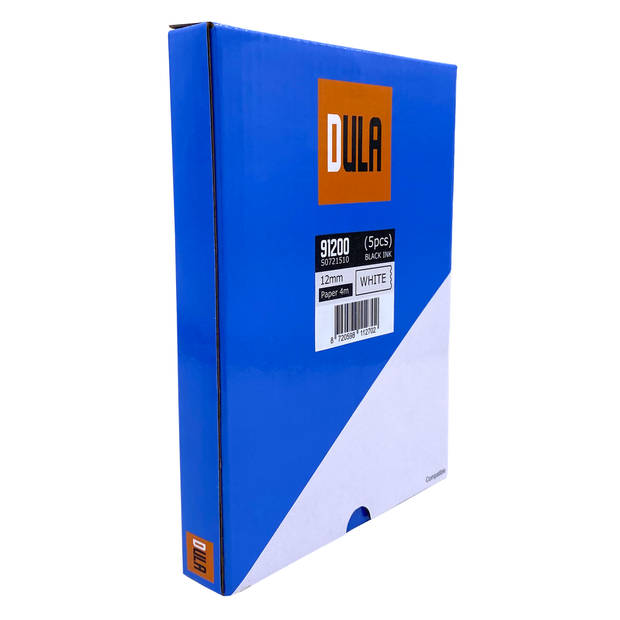 DULA label tape - Compatible met Dymo LetraTag 91200 / S0721510 - 5 stuks - Zwart op Wit papier - 12mm x 4m