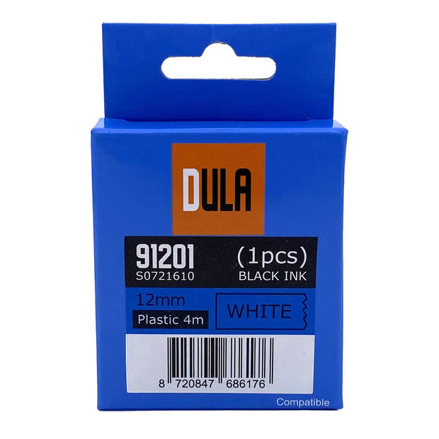DULA - Dymo LetraTag 91201 - S0721610 - Label Tape - Zwart op Wit plastic - 12mm x 4m - 1 Stuk