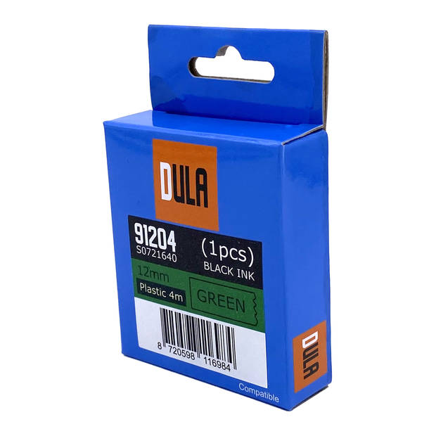 DULA label tape - Compatible met Dymo LetraTag 91204 / S0721640 - 1 stuk - Zwart op Groen plastic - 12mm x 4m