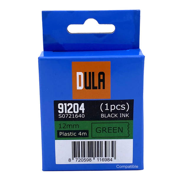 DULA label tape - Compatible met Dymo LetraTag 91204 / S0721640 - 1 stuk - Zwart op Groen plastic - 12mm x 4m