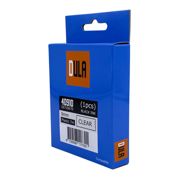 DULA label tape - Compatible met Dymo D1 40910 - 1 stuk - Zwart op transparant - 9mm x 7m