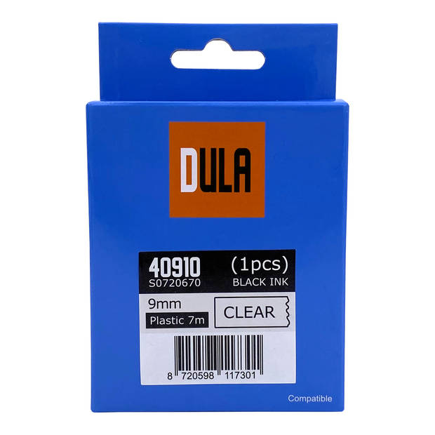 DULA label tape - Compatible met Dymo D1 40910 - 1 stuk - Zwart op transparant - 9mm x 7m