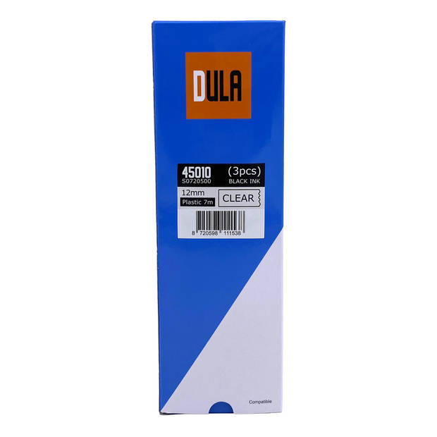 DULA Dymo D1 45010 - S0720500 - Compatible label tape - 3 lettertapes - Zwart op transparant - 12mm x 7m