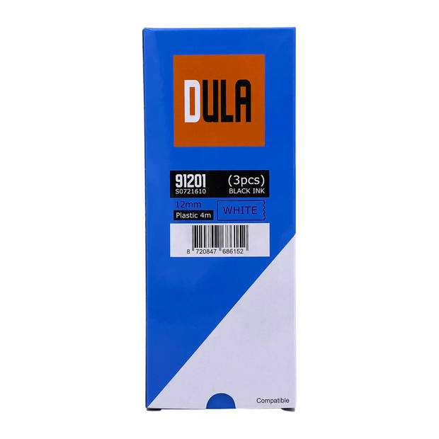 DULA - Dymo LetraTag 91201 - S0721610 - Label Tape - Zwart op Wit plastic - 12mm x 4m - 3 Stuks