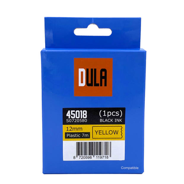 DULA label tape - Compatible met Dymo D1 45018 - 1 stuk - Zwart op geel - 12mm x 7m