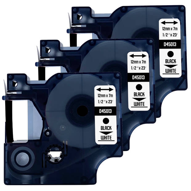 DULA Dymo D1 45013 - S0720530 - Compatible label tape - 3 lettertapes - Zwart op wit - 12mm x 7m