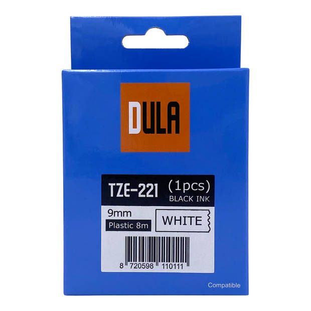 DULA Brother Compatible label tape- Tze-221 - 1 cassette - Brother P-Touch - Zwart op wit - 9mm x 8m