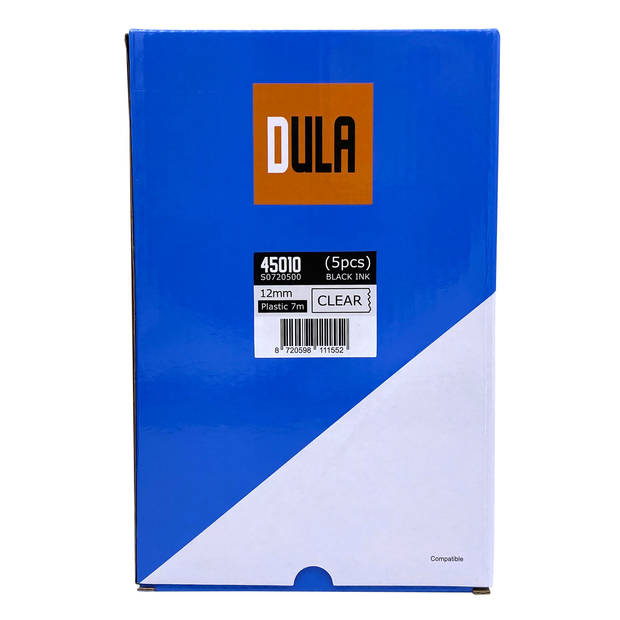 DULA Dymo D1 45010 - S0720500 - Compatible label tape - 5 lettertapes - Zwart op transparant - 12mm x 7m