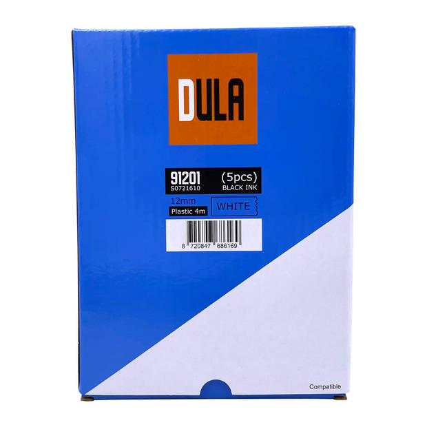 DULA - Dymo LetraTag 91201 - S0721610 - Label Tape - Zwart op Wit plastic - 12mm x 4m - 5 Stuks