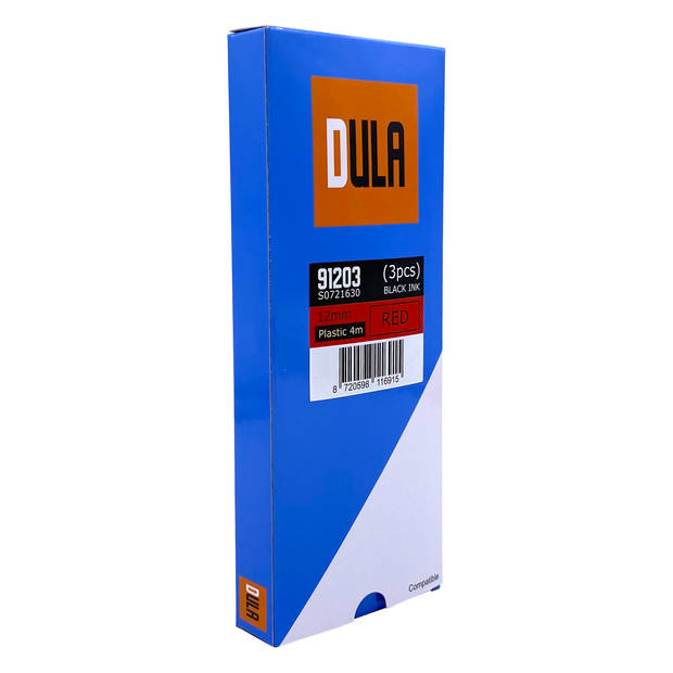 DULA label tape - Compatible met Dymo LetraTag 91203 / S0721630 - 3 stuks - Zwart op Rood plastic - 12mm x 4m