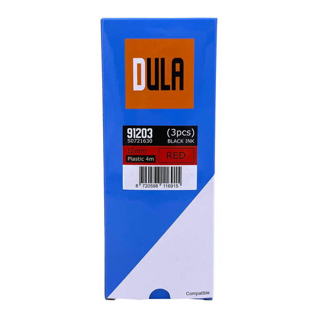 DULA label tape - Compatible met Dymo LetraTag 91203 / S0721630 - 3 stuks - Zwart op Rood plastic - 12mm x 4m