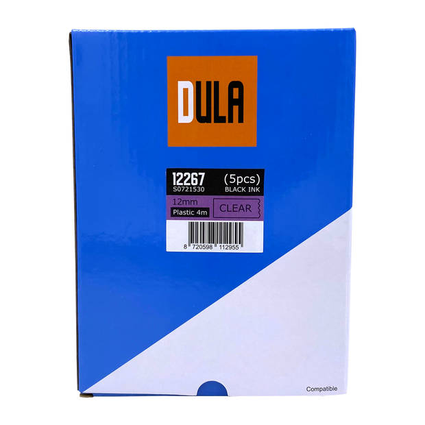 DULA label tape - Compatible met Dymo LetraTag 12267 / S0721530 - 5 stuks - Zwart op Transparant plastic - 12mm x 4m