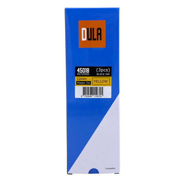 DULA label tape - Compatible met Dymo D1 45018 - 3 stuks - Zwart op geel - 12mm x 7m