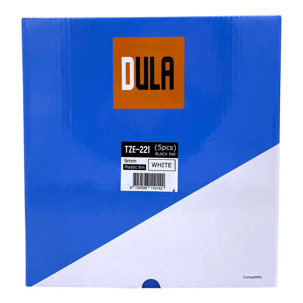 DULA Brother Compatible label tape- Tze-221 - 5 cassettes - Brother P-Touch - Zwart op wit - 9mm x 8m