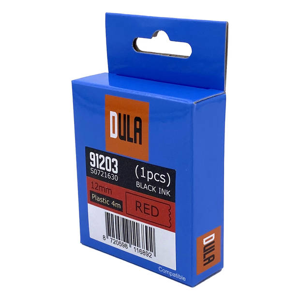 DULA - Dymo LetraTag 91203 - S0721630 - Label Tape - Zwart op Rood plastic - 12mm x 4m - 1 Stuk