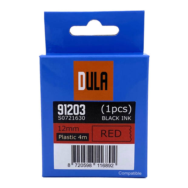 DULA label tape - Compatible met Dymo LetraTag 91203 / S0721630 - 1 stuk - Zwart op Rood plastic - 12mm x 4m