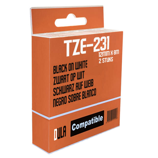 DULA - Brother Compatible Label Tape TZe-231 - 12 mm x 8 m - Zwart op Wit - voor Brother P-Touch - TZe231 - 2 Stuks