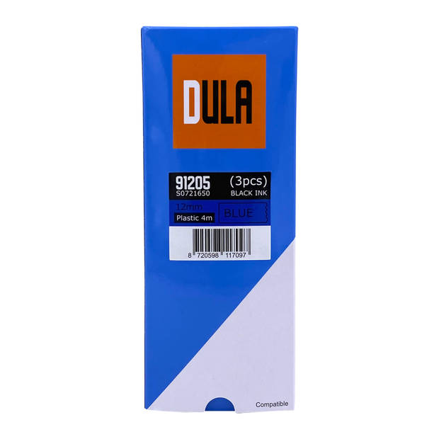 DULA label tape - Compatible met Dymo LetraTag 91205 / S0721650 - 3 stuks - Zwart op Blauw plastic - 12mm x 4m