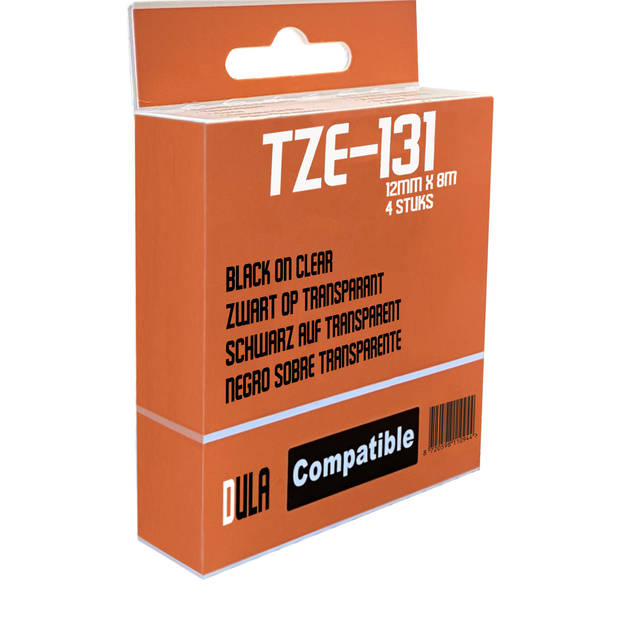 DULA - Brother Compatible Label Tape TZe-131 - 12 mm x 8 m - Zwart op Transparant - TZe131 - 4 Stuks