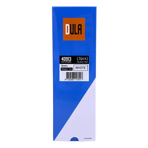 DULA label tape - Compatible met Dymo D1 40913 - 3 stuks - Zwart op wit - 9mm x 7m