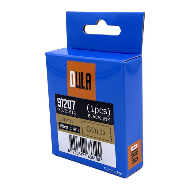 DULA label tape - Compatible met Dymo LetraTag 91207 / S0721612 - 1 stuk - Zwart op Goud plastic - 12mm x 4m