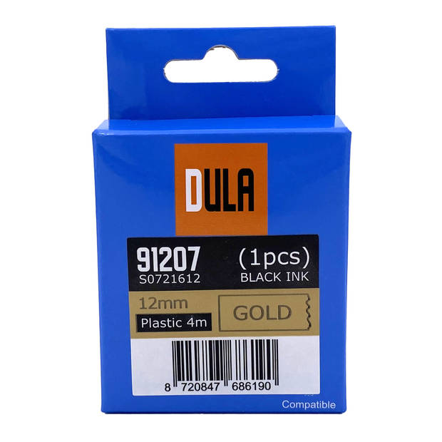 DULA label tape - Compatible met Dymo LetraTag 91207 / S0721612 - 1 stuk - Zwart op Goud plastic - 12mm x 4m