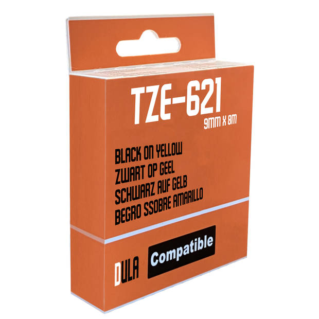 DULA - Brother Compatible Label Tape TZe-621 - 9 mm x 8 m - Zwart op Geel - TZe621 - 1 Stuk