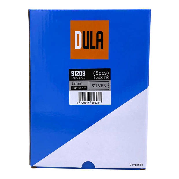 DULA label tape - Compatible met Dymo LetraTag 91208 / S0721730 - 5 stuks - Zwart op Zilver plastic - 12mm x 4m