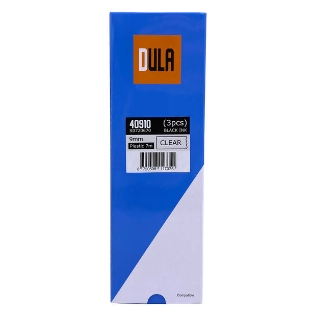 DULA label tape - Compatible met Dymo D1 40910 - 3 stuks - Zwart op transparant - 9mm x 7m