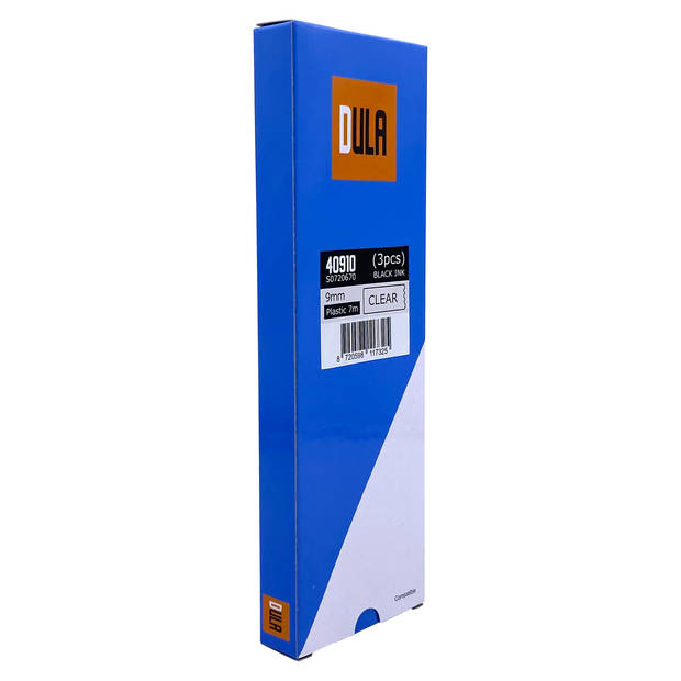 DULA label tape - Compatible met Dymo D1 40910 - 3 stuks - Zwart op transparant - 9mm x 7m