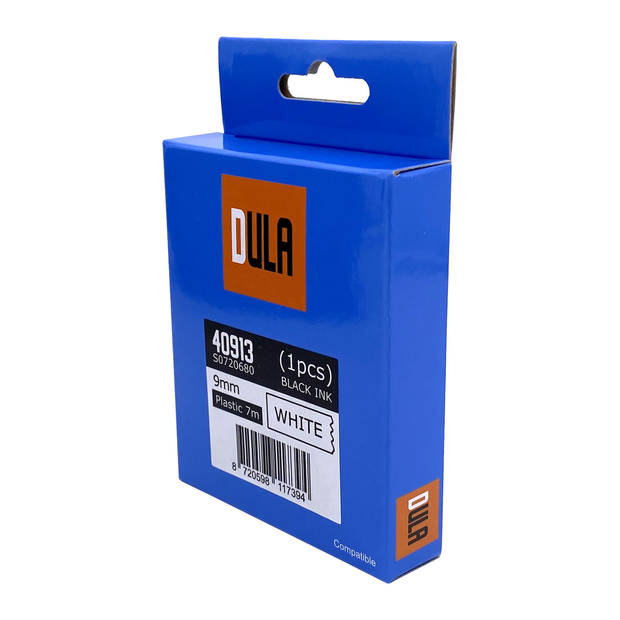 DULA label tape - Compatible met Dymo D1 40913 - 1 stuk - Zwart op wit - 9mm x 7m