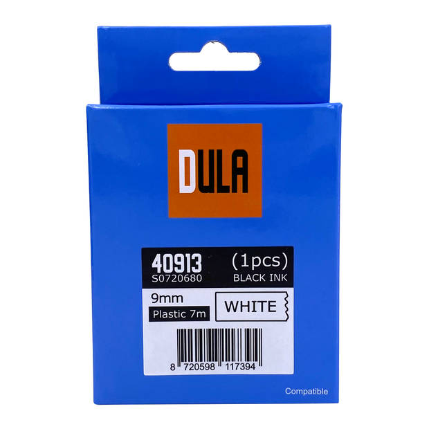 DULA label tape - Compatible met Dymo D1 40913 - 1 stuk - Zwart op wit - 9mm x 7m