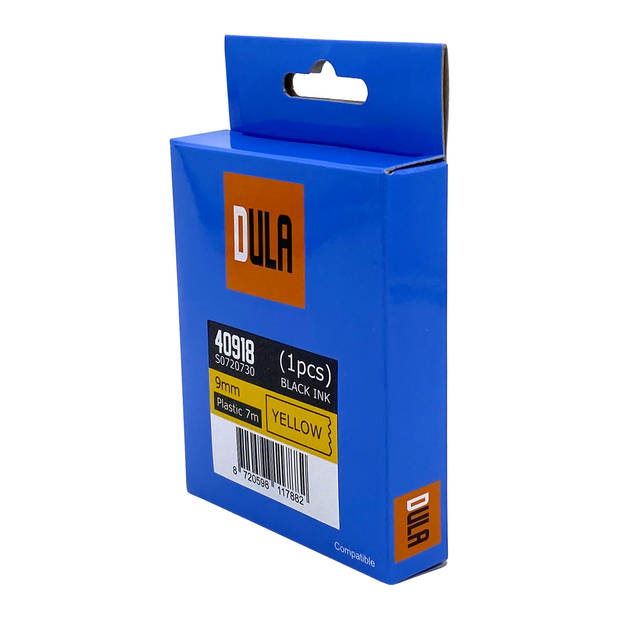 DULA label tape - Compatible met Dymo D1 40918 - 1 stuk - Zwart op geel - 9mm x 7m