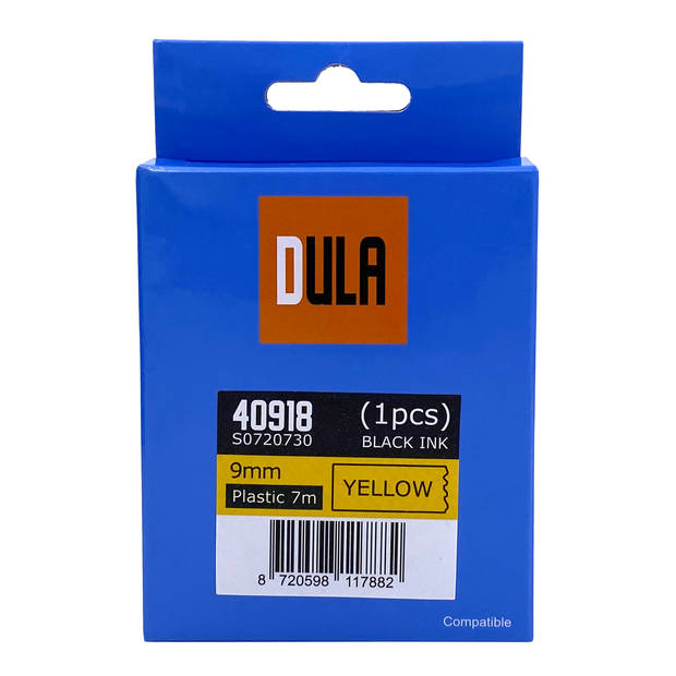 DULA label tape - Compatible met Dymo D1 40918 - 1 stuk - Zwart op geel - 9mm x 7m