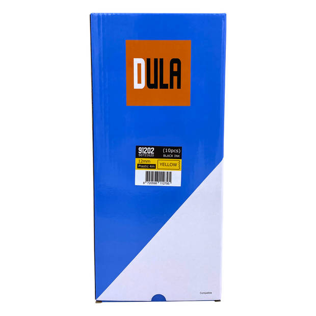 DULA label tape - Compatible met Dymo LetraTag 91202 / S0721620 - 10 stuks - Zwart op Geel plastic - 12mm x 4m