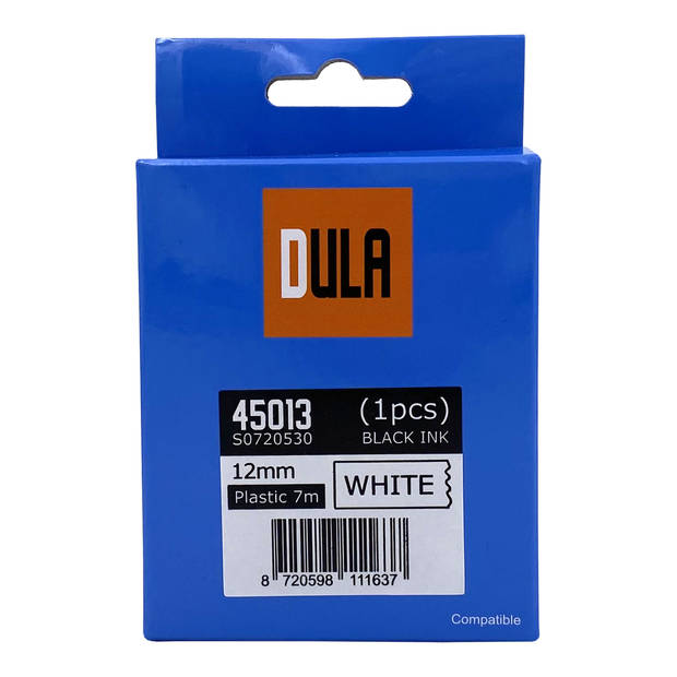 DULA label tape - Compatible met Dymo D1 45013 - 1 stuk - Zwart op wit - 12mm x 7m